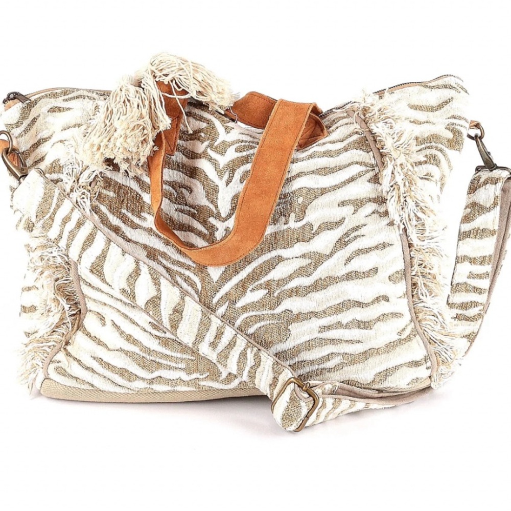 Ruggine fringe boho zebra tote purse overnight bag cream brown suede